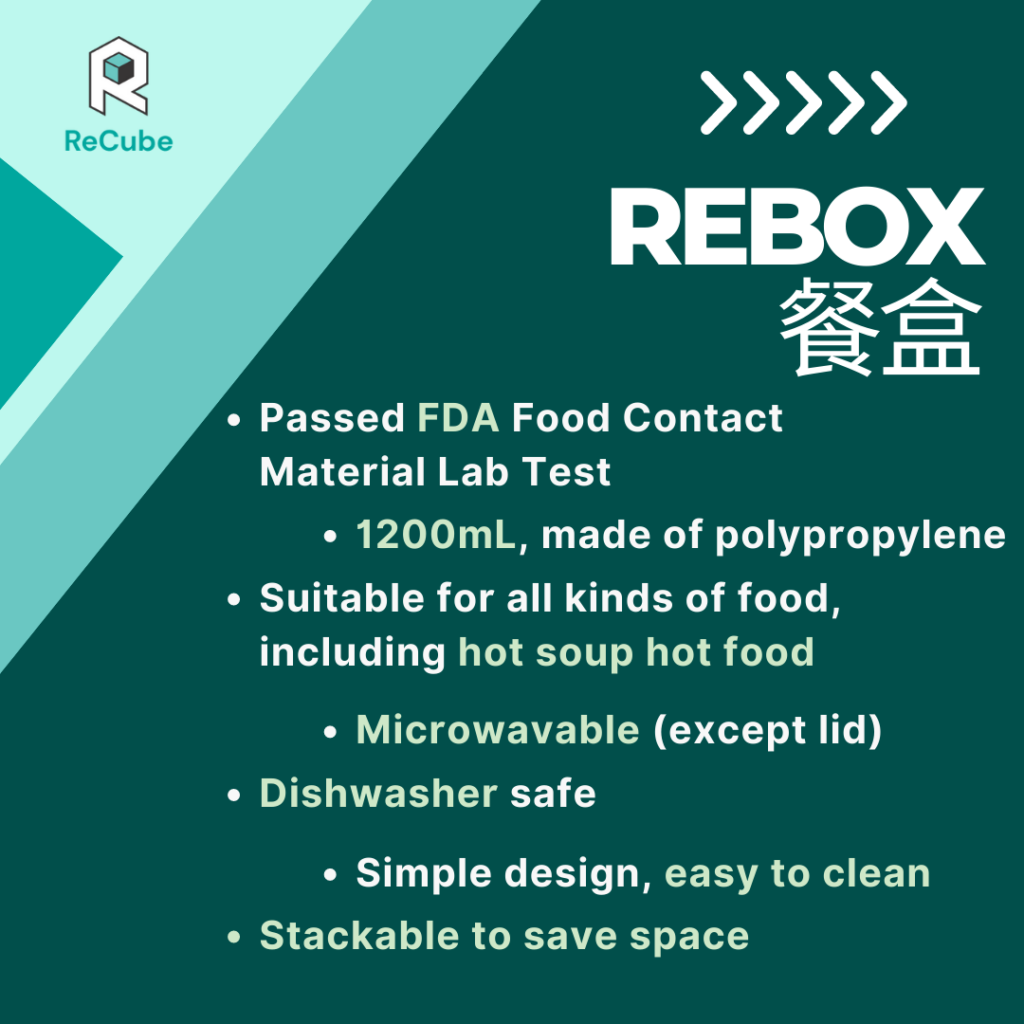 ReBox passed FDA Food Contact Material Lab Test. Having a volume of 1200mL, made of polypropylene. Suitable for all kinds of food, including hot soup hot food. Microwavable (except lid). Dishwasher safe. Simple design, easy to clean. Stackable to save space.